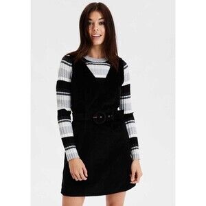 American Eagle Black Corduroy A-Line V-Neck Belted Mini Dress Size Small EUC!!